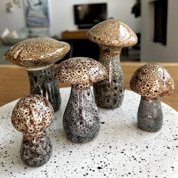 Håndlavede og dekorative svampe i keramik. Meget velegnet til rustik efterårspynt eller på julebordet. Den yndige svamp er meget naturlig, og da de er håndlavede er ikke en svamp ens...præcis som ude i naturen. 