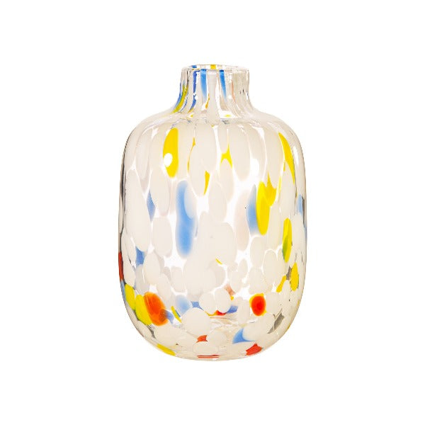 Glasvase i flotte farver med konfett til alle sommerens blomster - Lad vasen udgøre en smuk fremtræden plads i dit hjem. Fåes i flere varianter hos RAUMTRAUM.dk
