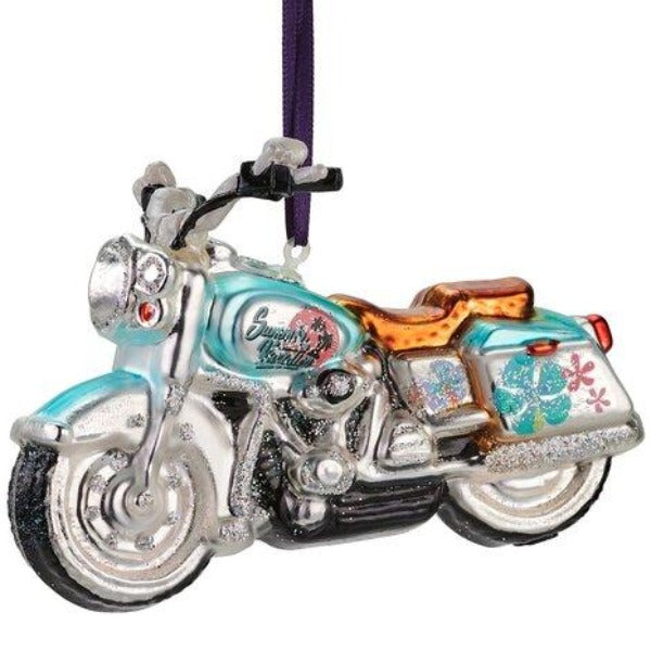 Julekugle i glas som forestiller en motorcykel