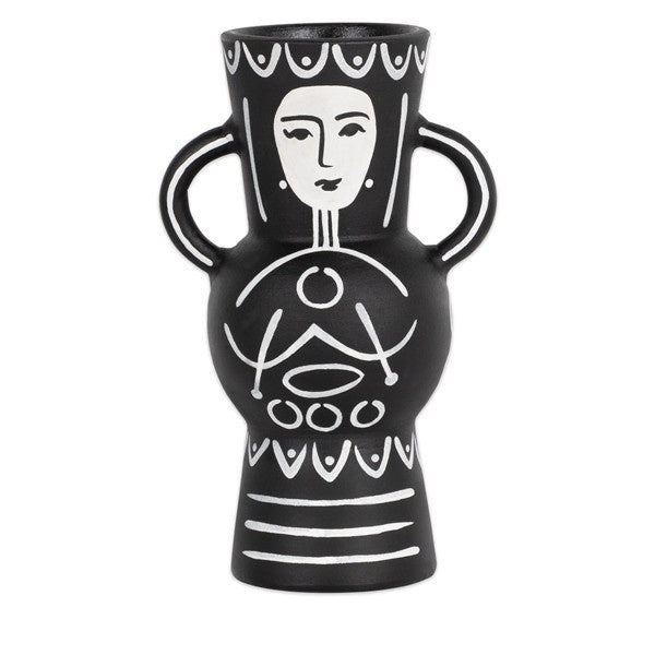 Spændende vase i interessant design - sort og hvid - Super fed mexicansk inspireret vase, der spreder en rigtig varm og indbydende vibe.   Perfekt til det moderne hjem med et strejf af natur. Vasen er rå og glasuren er ikke perfekt. Den smukke terracotta farve skinner igennem visse steder. Og da det er håndarbejde, er ikke én vase ens. 